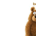 Text: "bear". Illustration eines großen, flauschigen, erstaunt wirkenden Bären auf weißem Hintergrund.