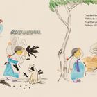Drei Kinder in traditioneller Kleidung, ein Hund, ein Hahn und ein Mann unter einem Baum, der besorgt dreinschaut.