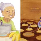 Text: "Lola cooks the saging, as warm and sweet as her hugs." Links ältere Frau mit Topfkessel, rechts Kind mit Bananenscheiben.