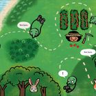 Eine Illustration zeigt eine Schildkröte namens Jara, die zum Ufer schwimmt. Tiere und eine Person suchen mit dem Text "Not here."