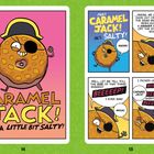 Links: "CARAMEL JACK! HE'S A LITTLE BIT SALTY!" Rechts: "MEET CARAMEL JACK! HE'S SALTY!" mit Piratenkeks.