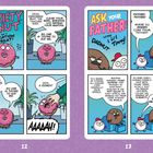 Linke Seite: "ANXIETY DONUT" und "No one is trying to eat me." Ein Donut mit Gesicht wirkt ängstlich. Eine Hand greift nach ihm.

Rechte Seite: "ASK YOUR FATHER" und "Where do babies come from?" Ein Vater und Kind sprechen auf einem Sofa.