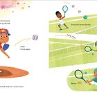 Text: „I stare at the mound. Then pick up the ball.“ Ein Junge wirft einen Baseball. Rechts spielt ein Mädchen Tennis.