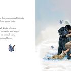 Text über Tierliebe endet nie. Illustration: Zwei Kinder mit Hund und Katze auf Decke, umgeben von Schmetterlingen.