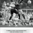 "In addition to being a great basketball player, Caitlin also excelled in soccer." Zwei Frauen im Fußballkampf um den Ball.