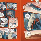 Comic mit Astronauten in roten Anzügen, die über Notlandung und Fallschirme reden. Ein Fahrzeug nähert sich einem Hügel.