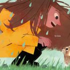 Text: "to love." Illustration zeigt eine Person im Regen, die einem kleinen Tier mit Herz auf der Seite begegnet.