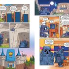 Panels zeigen blaue Ritter und Dialoge in einem farbenfrohen Comic mit einer Burg und einem Pancake-Laden.