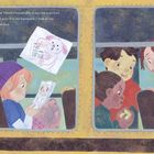 Text: "When I'm at Mama's house, she draws me a picture every day and puts it in my backpack. I look at her pictures on the bus."

Beschreibung: Kinder sitzen im Bus. Eines betrachtet Zeichnungen.