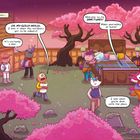 "Minutes later... OH, MY-GOLLY-WOLLY... I love it when the outdoors get to be indoors! It’s certainly a vibe. Welcome to my SANCTUARY! Make yourselves at home! I love what you’ve done with the place." Fantasievolle Figuren in einem Garten mit pinken Kirschblütenbäumen und einem Bett.