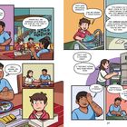 Comic-Stil mit Dialogen über Jonas' Zukunft und Ernährungspräferenzen. Eine familiäre Szene beim Essen und Geschirrspülen.