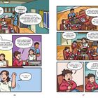 Eine Illustration: Personen essen zusammen am Tisch, sprechen über Kochen, Besteck und philippinische Gerichte.