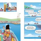 „Put this on.“; „So…“; „Aý, where’s Aunt Meg?“; „How far away is the new house?“; „Why…?“; Illustration: Zwei Figuren und Hunde im Boot.