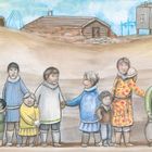 Text: "We are the Iñupiat, the Real People of the Arctic. We have always lived here." Illustration von Menschen in traditioneller Kleidung.
