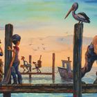 Text: "One day, a boy moved to the village." Illustration von einem Hafen mit Kindern auf einem Steg, Booten und einem Pelikan.