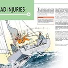 Text: "16. Head Injuries" und Hinweis, dass alle Kopfverletzungen ärztlich beurteilt werden sollten. Illustration: Eine Person fällt auf einem Segelboot durch den Schlag eines Segelbaums um.