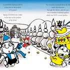 Gerald und Sheila rennen mit Geschenken und Kuchen in einer Gartenszene. Verspielte, bunte Illustrationen.
