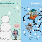 LET'S BUILD A SNOW PAL! SNOWBALL FUN! Links bauen ein Elefant und ein Schwein einen Schneemann, rechts werfen sie Schneebälle.