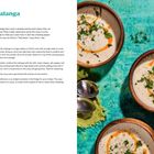 "Crema de Malanga, Cuban Soul." Rezept für cremige Malanga-Suppe. Zutaten, Zubereitung und Serviervorschläge links. Rechts Schüsseln.