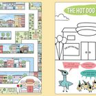 Links: "First surprise stop! Coming up!". Rechts: "THE HOT DOG SHOP!". Eine Stadt mit Labyrinth und ein Vogel mit Küken feiern.