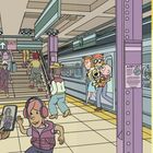 Rechts steht: "THE SUBWAY" und eine Liste mit: Jalapeño, Jar, Jeans, Jeep, Jelly bean, Jellyfish, Jester, Jet, Jug, Juice box. Eine bunte U-Bahn-Szene.