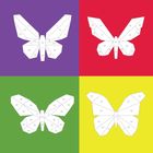 Die Illustration zeigt vier nummerierte, geometrische Schmetterlinge auf violettem, rotem, grünem und gelbem Hintergrund.