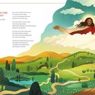 "JOY TO THE WORLD. Text by Isaac Watts." Illustration: Ein Heiland über flachen grünen Hügeln, ein Pfad schlängelt sich hindurch.
