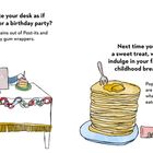 Links: Person am PC mit Partyhut an dekoriertem Tisch. Rechts: Pancakes, Müslischale, Pop-Tart und Joghurt.