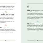 J: jogger, jogging stroller, junk miles. K: kick, kilometer. Beige und grüne Seiten mit Illustrationen von Schuhen.