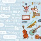 Links: Mehrfach der Text "THE SOUTH" in verschiedenen Schriftarten.  
Rechts: Illustrationen von Musikinstrumenten mit Texten zu Musikorten.