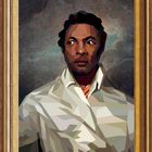 Eine polygonale Illustration in einem goldenen Rahmen zeigt eine Person in weißer Kleidung vor einem dunklen Hintergrund.