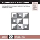 „Complete the Grid“, Datum: Montag, 22. November 2027. Ein 3x3-Raster, ein Feld ist leer.