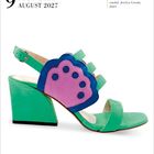 9, Montag, August 2027. Bunter Nubuk-Sandalette mit Blockabsatz in Grün, Blau und Rosa.