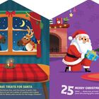 Links: "24 LEAVE TREATS FOR SANTA." Rechts: "25 MERRY CHRISTMAS!" Illustration mit Rentieren und Weihnachtsmann.