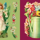 Keine Texte vorhanden. Links eine Fee mit Maiglöckchen, rechts eine Gießkanne mit Blumen. Vintage-Stil.