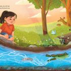 Text: "If you look closely, you will see. Water is flowing all around you."  
Illustration: Kind am Bach mit Fischen, Frosch, Hase und Reh im Wald.