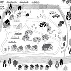 "Jupiter Station", umgeben von Bäumen, zeigt Häuser wie "Moon House", "Star House", "Family House", "Orchard" und "Hen Houses".