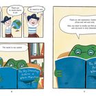Ein Junge und ein Frosch, der ein Buch liest über Walwanderungen. Der Junge sagt, die Welt sei voller Möglichkeiten.