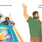 Illustration: Ein Kind begrüßt glücklich einen Hund auf einem Bett, ein Mann spricht positiv. Es gibt Stofftiere und bunte Decken.