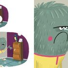 Ein Kalender zeigt "Monday 4, Pancake Breakfast Day!". Ein grünes, pelziges Wesen schaut mit einem Vogel auf einem Schrank.