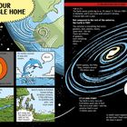"OUR HUMBLE HOME" zeigt Erde im Universum: kugelförmig, Gestein, Ozeane. Universum riesig mit Milliarden Galaxien.