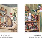 "C is for Cat, who reflects on its self." Eine Katze sieht ihr Spiegelbild als Tiger. "D is for Duck, guarding toys on a shelf." Eine Ente steht zwischen Spielzeugen.