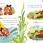 Ein kleiner Tiger befiehlt, teilt Pfützen auf, spielt im Wasser, während Pflanzen und Schmetterlinge ihn umgeben.