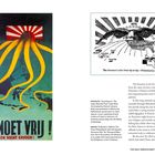 "INDIE MOET VRIJ! WERKT EN VECHT ERVOOR!" Gelbes Oktopus-Tentakel auf Weltkarte. Adler mit "Ten thousand miles from tip to tip."