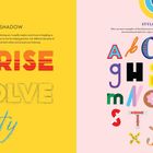 Links steht "SUNRISE", "DISSOLVE", "misty". Rechts eine bunte Alphabet-Illustration.