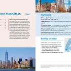 „Lower Manhattan, Map 1“: Highlights die Freiheitsstatue, Ellis Island, Governor's Island. Bild einer Skyline und Karte.