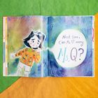 Text: "Next time, Can Ms. U marry Ms. Q?" Illustration: Kind mit unsicherem Gesichtsausdruck, bunte Jacke, helle Shorts.