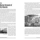 **Texte:**  
- MAIN ARTICLE: The Burial Ground of Trinity Church  
- The strange fate of Trinity Church, an elder statesman amid the skyscrapers.  
- A very grave view: Trinity Place behind Trinity Church, 1861.  
- The Bowery Boys: Adventures in Old New York  
- West Financial District 35

**Beschreibung:**  
Der Text beschreibt die Geschichte der Trinity Church in New York, ihren Einfluss und ihre Entwicklung. Eine Illustration zeigt historische Gebäude und die Kirche im Kontext der Stadtentwicklung.