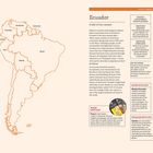 Links: "SOUTH AMERICA" gefolgt von einer Beschreibung über Kakaoanbau und Bedeutung. Rechts: Informationen über Ecuador und Kakao.
