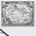 Eine detaillierte Landkarte mit den Regionen Fallow, Yusan, Khitan und Gaya. Kompass und Drachen-Illustration.